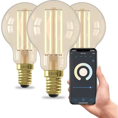 CALEX Lampadina LED Smart, E14, P45, Filamento Oro, luce calda, Dimmerabile, controllo app Wi-Fi & vocale, Confezione da 3 CALEX Lampadina LED Smart, E14, P45, Filamento Oro, luce calda, Dimmerabile, controllo app Wi-Fi & vocale, Confezione da 3