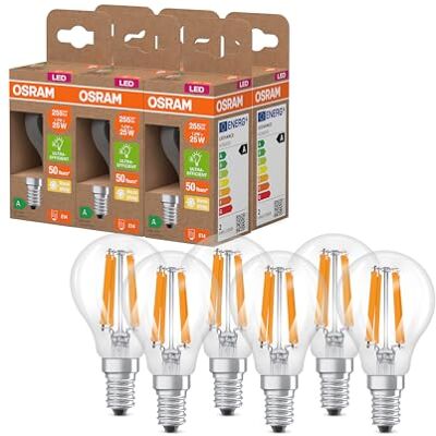 OSRAM dalla classica forma a globo, con filamento LED decorativo, classe di efficienza energetica A, E27, 2,2 W, 470 lm, 4000 K, bianco freddo. Senza riscaldamento, luce immediata al 100%. 6 pacchi OSRAM dalla classica forma a globo, con filamento LED decorativo, classe di efficienza energetica A, E27, 2,2 W, 470 lm, 4000 K, bianco freddo. Senza riscaldamento, luce immediata al 100%. 6 pacchi