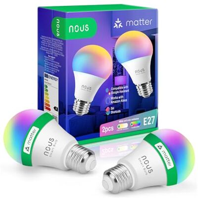 NOUS Lampadina Matter E27, Smart WIFI RGB, Compatibile con Alexa, Home Assistant, Apple HomeKit, Casa Intelligente, telecomando, Lampada LED che Cambia Colore, Llampadina RGB, WiFi 2,4 GHz NOUS Lampadina Matter E27, Smart WIFI RGB, Compatibile con Alexa, Home Assistant, Apple HomeKit, Casa Intelligente, telecomando, Lampada LED che Cambia Colore, Llampadina RGB, WiFi 2,4 GHz