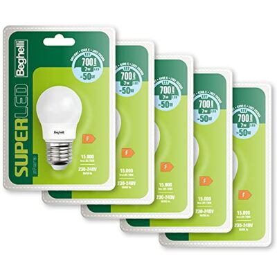Beghelli Lampadina LED E27 7W Luce Fredda, 700lm, 6500K, Pacco da 5, Lampadine Sfera Efficienti, Facili da Installare, Adatte per Interni, Durata 15000 Ore, Gruppo Colore: LED Beghelli Lampadina LED E27 7W Luce Fredda, 700lm, 6500K, Pacco da 5, Lampadine Sfera Efficienti, Facili da Installare, Adatte per Interni, Durata 15000 Ore, Gruppo Colore: LED