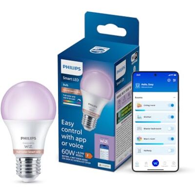 Philips Smart Lighting Lampadina intelligente, A60, E27, RGB Luce bianca regolabile e a colori 2.200-6.500 K, LED intelligente, 806 lm, Reg. minima, Connected by WiZ, Casa intelligente Philips Smart Lighting Lampadina intelligente, A60, E27, RGB Luce bianca regolabile e a colori 2.200-6.500 K, LED intelligente, 806 lm, Reg. minima, Connected by WiZ, Casa intelligente