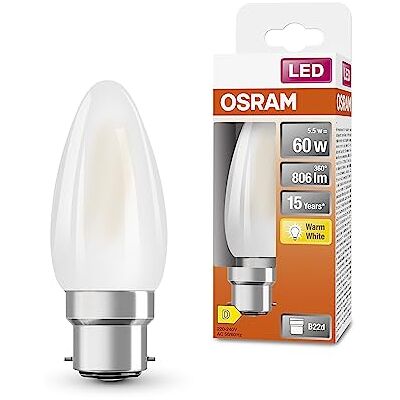 OSRAM Lampada LED classica di stella LED B60 per base B22D, forma di candela, gl fr, lumen 806, bianco caldo, 2700k, sostituzione per lampadine da 60w convenzionali, non dimmerabile, pacchetto da 6 OSRAM Lampada LED classica di stella LED B60 per base B22D, forma di candela, gl fr, lumen 806, bianco caldo, 2700k, sostituzione per lampadine da 60w convenzionali, non dimmerabile, pacchetto da 6