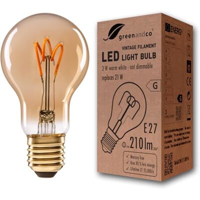 greenandco Lampadina Vintage E27 luce calda A60 3W 210lm, oro Lampadina luce calda, LED a filamento, 2000K, angolo del fascio 360°, 230V, senza sfarfallio, non dimmerabile greenandco Lampadina Vintage E27 luce calda A60 3W 210lm, oro Lampadina luce calda, LED a filamento, 2000K, angolo del fascio 360°, 230V, senza sfarfallio, non dimmerabile