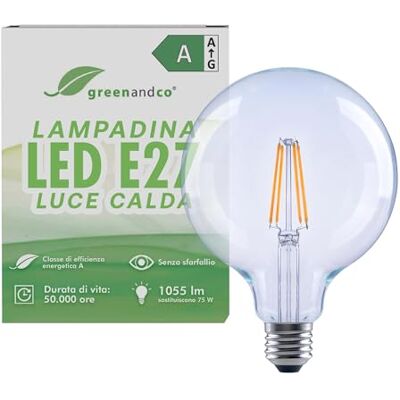 greenandco Lampadina LED E27 luce calda, trasparente, 5W 1055lm, G125 Lampadina E27 sostituisce 75W, 2700K, 320°, 230V, senza sfarfallio, classe energetica A, non dimmerabile greenandco Lampadina LED E27 luce calda, trasparente, 5W 1055lm, G125 Lampadina E27 sostituisce 75W, 2700K, 320°, 230V, senza sfarfallio, classe energetica A, non dimmerabile
