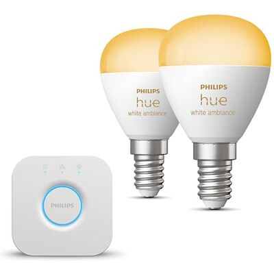 Philips Kit di avviamento E14 con 2 Lampadine LED a Sfera Luce da bianca calda a bianca fredda Include Hue Bridge Hue White Ambiance Philips Kit di avviamento E14 con 2 Lampadine LED a Sfera Luce da bianca calda a bianca fredda Include Hue Bridge Hue White Ambiance