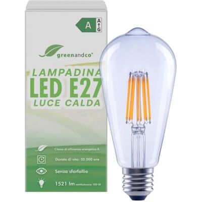 greenandco Lampadina LED E27 luce calda, trasparente, 7.2W 1521lm, ST64 Lampadina E27 sostituisce 100W, 3000K, 320°, 230V, senza sfarfallio, classe energetica A, non dimmerabile greenandco Lampadina LED E27 luce calda, trasparente, 7.2W 1521lm, ST64 Lampadina E27 sostituisce 100W, 3000K, 320°, 230V, senza sfarfallio, classe energetica A, non dimmerabile