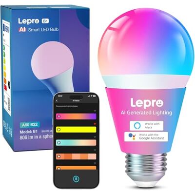 Lepro B1 AI Lampadina Smart E27, 806LM RGB&Luce Bianca Regolabile Progettista Illuminazione AI Personalizzato, Funziona con Alexa/Google Assistant, Connessione Wi-Fi/Bluetooth, Sync Musicale Lepro B1 AI Lampadina Smart E27, 806LM RGB&Luce Bianca Regolabile Progettista Illuminazione AI Personalizzato, Funziona con Alexa/Google Assistant, Connessione Wi-Fi/Bluetooth, Sync Musicale