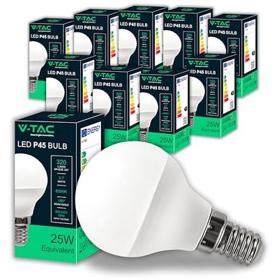 V-TAC 10x Lampadine LED P45 Massima Efficienza E14-3,7W (Equivalenti a 25W) 320 Lumen Lampadina LED Pallina da Golf Risparmio Energetico Luce Bianca Fredda 6500K V-TAC 10x Lampadine LED P45 Massima Efficienza E14-3,7W (Equivalenti a 25W) 320 Lumen Lampadina LED Pallina da Golf Risparmio Energetico Luce Bianca Fredda 6500K