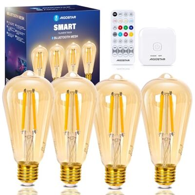 Aigostar Meh Lampadine Alexa Intelligente Bluetooth Mesh ST64, Lampadine Vintage Smart LED E27 6W 2700K-6500K Dimmerabile, Lampadina Alexa Compatibile, 4 Pezzi(Con Telecomando e Gateway) Aigostar Meh Lampadine Alexa Intelligente Bluetooth Mesh ST64, Lampadine Vintage Smart LED E27 6W 2700K-6500K Dimmerabile, Lampadina Alexa Compatibile, 4 Pezzi(Con Telecomando e Gateway)