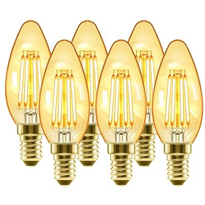 LVWIT Lampadine Filamento LED Attacco E14-4W Equivalente a 40W, 410 Lumen, Colore Bianco Caldo 2500K, Forma a candela C35, Vetro Ambrato, Vintage Retrò, Non Dimmerabile Confezione da 6 unità LVWIT Lampadine Filamento LED Attacco E14-4W Equivalente a 40W, 410 Lumen, Colore Bianco Caldo 2500K, Forma a candela C35, Vetro Ambrato, Vintage Retrò, Non Dimmerabile Confezione da 6 unità