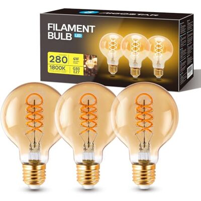 Aigostar Lampadina LED E27 4W, Modello G80, Luce Calda 1800K, 280 Lumen, Lampadina Vintage Tipo Edison Con Filamento e Vetro ambrato, Lampadina Decorativa, Non dimmerabile, Confezione da 3 pezzi Aigostar Lampadina LED E27 4W, Modello G80, Luce Calda 1800K, 280 Lumen, Lampadina Vintage Tipo Edison Con Filamento e Vetro ambrato, Lampadina Decorativa, Non dimmerabile, Confezione da 3 pezzi