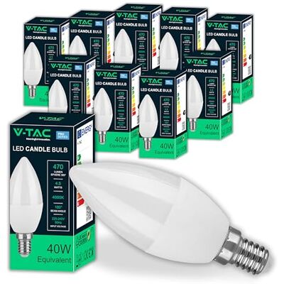 V-TAC 10x Lampadine LED Candela E14-4,5W Lampadine di Nuova Generazione 10 PEZZI (Equivalenti a 40W) 470 Lumen Massima Efficienza e Risparmio Energetico Luce Naturale 4000K V-TAC 10x Lampadine LED Candela E14-4,5W Lampadine di Nuova Generazione 10 PEZZI (Equivalenti a 40W) 470 Lumen Massima Efficienza e Risparmio Energetico Luce Naturale 4000K