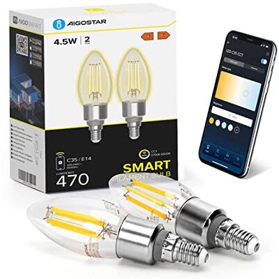 Aigostar Lampadine Smart WiFi E14 Alexa Lampadine Vintage C35 4.5W Edison Lampadina WiFi Dimmerabile 2700K-6500K, Controllo Remoto tramite APP, Compatibile Con Alexa, Google Home, Trasparente 2 pezzi Aigostar Lampadine Smart WiFi E14 Alexa Lampadine Vintage C35 4.5W Edison Lampadina WiFi Dimmerabile 2700K-6500K, Controllo Remoto tramite APP, Compatibile Con Alexa, Google Home, Trasparente 2 pezzi