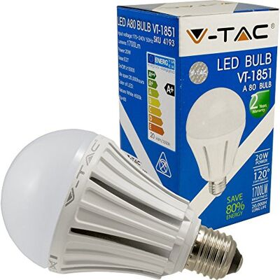 V-TAC E27 Edison a vite 20 W LED A80 Alluminio Lampadina Bianco V-TAC E27 Edison a vite 20 W LED A80 Alluminio Lampadina Bianco