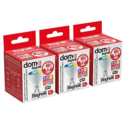 Beghelli Dom-e Lampadina LED Alexa Smart SPOT GU10 RGB-CCT WiFi, Lampada Compatibile con App, Facile Installazione Regolazione di Colori a Luce Calda e Luce Fredda, 3 pz Beghelli Dom-e Lampadina LED Alexa Smart SPOT GU10 RGB-CCT WiFi, Lampada Compatibile con App, Facile Installazione Regolazione di Colori a Luce Calda e Luce Fredda, 3 pz