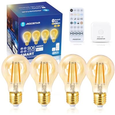 Aigostar Meh Lampadine Alexa Intelligente Bluetooth Mesh A60, Lampadine Vintage Smart LED E27 6W 2700K-6500K Dimmerabile, Lampadina Alexa Compatibile, 4 Pezzi(Con Telecomando e Gateway) Aigostar Meh Lampadine Alexa Intelligente Bluetooth Mesh A60, Lampadine Vintage Smart LED E27 6W 2700K-6500K Dimmerabile, Lampadina Alexa Compatibile, 4 Pezzi(Con Telecomando e Gateway)