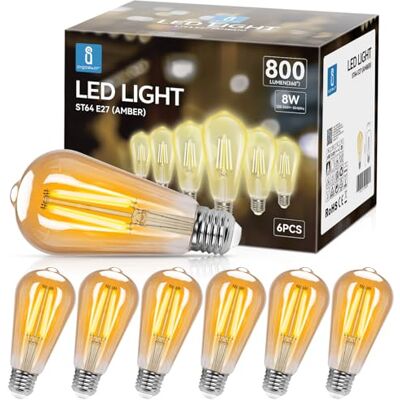 Aigostar ST64 Lampadina Stile Vintage Edison, Lampadina Led E27 Da 8W (Equivalente A 60W),Lampadina A Filamento Led Bianco Caldo (2200K), 800 Lumens,Non Dimmerabile, Confezione Da 6 Unità Aigostar ST64 Lampadina Stile Vintage Edison, Lampadina Led E27 Da 8W (Equivalente A 60W),Lampadina A Filamento Led Bianco Caldo (2200K), 800 Lumens,Non Dimmerabile, Confezione Da 6 Unità
