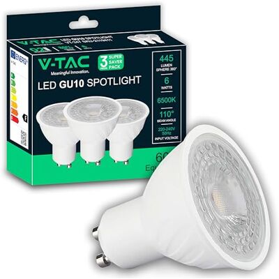 V-TAC 3x Lampadine LED GU10 6W (Equivalenti a 60W) PRO SERIES 445 Lumen Alta Luminosità Faretto Led GU10 Massima Efficienza e Risparmio Energetico Lampadina Luce Fredda 6500K V-TAC 3x Lampadine LED GU10 6W (Equivalenti a 60W) PRO SERIES 445 Lumen Alta Luminosità Faretto Led GU10 Massima Efficienza e Risparmio Energetico Lampadina Luce Fredda 6500K