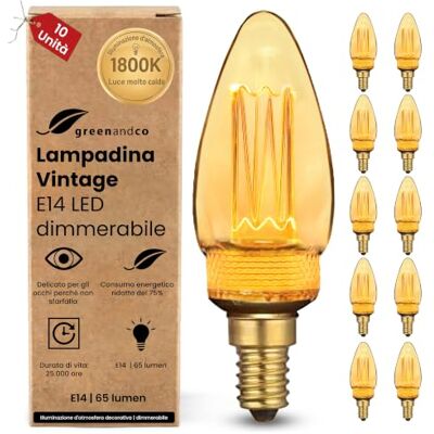 greenandco 10x Lampadine dimmerabili E14 Vintage C35 ambra 2,3W 65lm 1800K Lampadine E14 luce extra calda Vintage Edison, angolo del fascio 320°, 230V, nessun sfarfallio, dimmerabili greenandco 10x Lampadine dimmerabili E14 Vintage C35 ambra 2,3W 65lm 1800K Lampadine E14 luce extra calda Vintage Edison, angolo del fascio 320°, 230V, nessun sfarfallio, dimmerabili