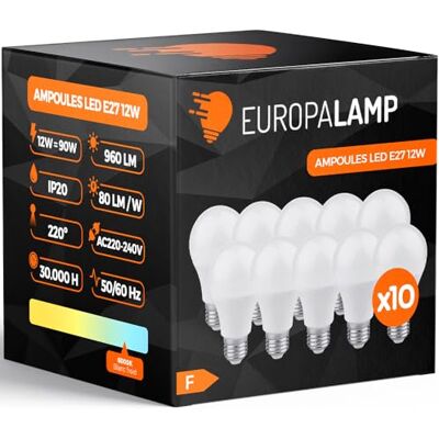 Europalamp 10 lampadine LED E27 12W bianco freddo 6000K ad alta luminosità Europalamp 10 lampadine LED E27 12W bianco freddo 6000K ad alta luminosità