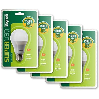 Beghelli SUPER Led Lampadina Led E27 Luce Calda, Lampadina Led a Goccia 15W, 1500lm, 3000K, 5 Pezzi Beghelli SUPER Led Lampadina Led E27 Luce Calda, Lampadina Led a Goccia 15W, 1500lm, 3000K, 5 Pezzi