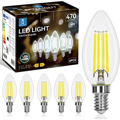 Aigostar Lampadina Stile Vintage Filamento LED E14 C35, 4W (Equivalenti a 40W), 470 Lumen, Luce Fredda 6500K, CRI>80, Trasparente Lampadine LED, Pacco da 6 Aigostar Lampadina Stile Vintage Filamento LED E14 C35, 4W (Equivalenti a 40W), 470 Lumen, Luce Fredda 6500K, CRI>80, Trasparente Lampadine LED, Pacco da 6