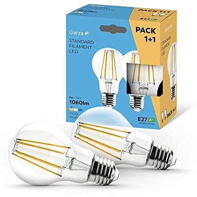 Garza Confezione 1+1 lampadine LED a filamento decorativo standard, luce calda 2700 K, attacco E27, 8 W 1060 lumen () Garza Confezione 1+1 lampadine LED a filamento decorativo standard, luce calda 2700 K, attacco E27, 8 W 1060 lumen ()