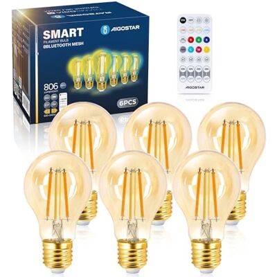 Aigostar Mesh Lampadine Intelligente Bluetooth Mesh A60, Vintage Edison Lampadina Smart LED 6W Equivalenti a 60W, 2700K-6500K Dimmerabile, Compatibile Con Alexa/Google Home, 6 Pezzi(Con Telecomando) Aigostar Mesh Lampadine Intelligente Bluetooth Mesh A60, Vintage Edison Lampadina Smart LED 6W Equivalenti a 60W, 2700K-6500K Dimmerabile, Compatibile Con Alexa/Google Home, 6 Pezzi(Con Telecomando)