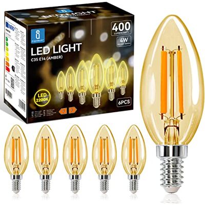 Aigostar Lampadina Stile Vintage Filamento LED E14, C35 4W (Equivalenti a 35W), 400 Lumen, Bianco Caldo 2200K, CRI>80, Ambra Lampadine LED, Pacco da 6 Aigostar Lampadina Stile Vintage Filamento LED E14, C35 4W (Equivalenti a 35W), 400 Lumen, Bianco Caldo 2200K, CRI>80, Ambra Lampadine LED, Pacco da 6