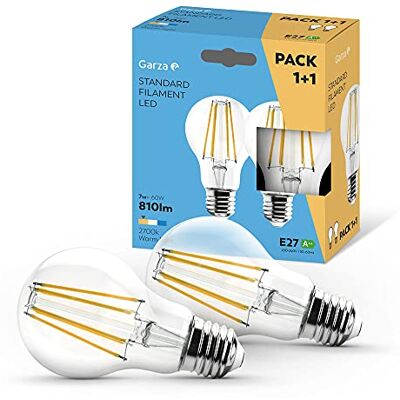 Garza Confezione da 1+1 lampadine LED a filamento decorative standard, luce calda 2700 K, attacco E27, 7 W, 810 lumen Garza Confezione da 1+1 lampadine LED a filamento decorative standard, luce calda 2700 K, attacco E27, 7 W, 810 lumen