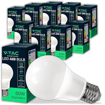 V-TAC 10x Lampadine LED con Attacco E27 8,5W (Equivalenti a 60W) A60 Lampadine di Nuova Generazione 806 Lumen Massima Efficienza e Risparmio Energetico 6500K Luce Bianca Fredda V-TAC 10x Lampadine LED con Attacco E27 8,5W (Equivalenti a 60W) A60 Lampadine di Nuova Generazione 806 Lumen Massima Efficienza e Risparmio Energetico 6500K Luce Bianca Fredda