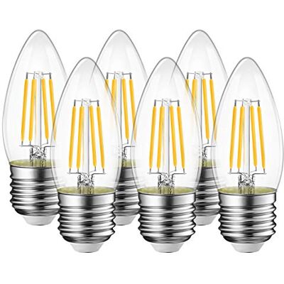 LVWIT Lampadina Filamento LED E27,4W Equivalenti a 40W, 470Lm, Luce Bianca Calda 2700K, C35, Forma a Candela, Pacco da 6 Pezzi, Non dimmerabile LVWIT Lampadina Filamento LED E27,4W Equivalenti a 40W, 470Lm, Luce Bianca Calda 2700K, C35, Forma a Candela, Pacco da 6 Pezzi, Non dimmerabile