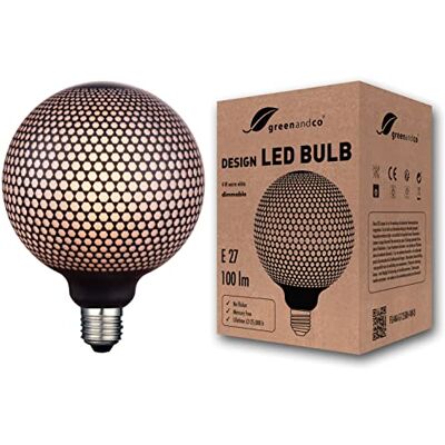 greenandco ® Lampadina decorativa LED dimmerabile stile vintage nero (esagoni) E27 G125 4W 100lm 1800K (bianco molto caldo) 300° 230V, senza sfarfallio greenandco ® Lampadina decorativa LED dimmerabile stile vintage nero (esagoni) E27 G125 4W 100lm 1800K (bianco molto caldo) 300° 230V, senza sfarfallio