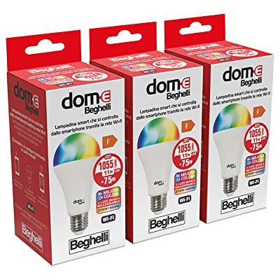 Beghelli DOME-E Lampadina Wifi Led E27, Lampadina Led a Goccia 11W, 1055lm, Multicolor, 3 Blister Beghelli DOME-E Lampadina Wifi Led E27, Lampadina Led a Goccia 11W, 1055lm, Multicolor, 3 Blister