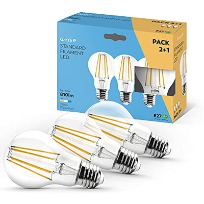 Garza Confezione da 2+1 lampadine LED a filamento decorative standard, luce calda 2700 K, attacco E27, 7 W, 810 lumen Garza Confezione da 2+1 lampadine LED a filamento decorative standard, luce calda 2700 K, attacco E27, 7 W, 810 lumen