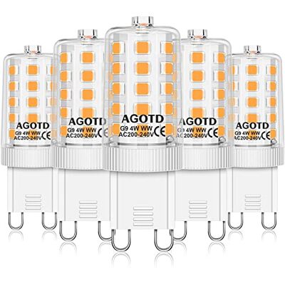 AGOTD 4W G9 LED Lampadine, Lampade LED Bianche Calde da 2700K, Equivalente a 40W Lampada Alogena, 400LM, AC220-240V, Angolo di visione 360°, Confezione da 5 AGOTD 4W G9 LED Lampadine, Lampade LED Bianche Calde da 2700K, Equivalente a 40W Lampada Alogena, 400LM, AC220-240V, Angolo di visione 360°, Confezione da 5