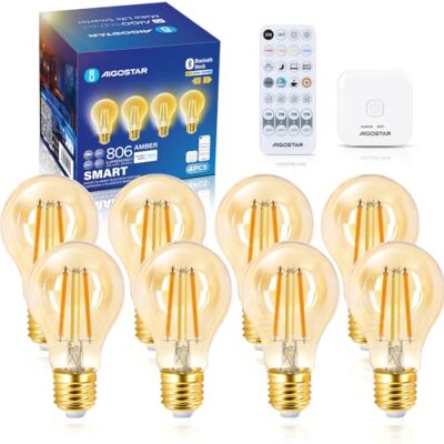 Aigostar Lampadine Alexa Intelligente Bluetooth Mesh A60 6W 2700-6500K 8pz 806LM E27 Filamento Vintage/ Regolabile Caldo-Freddo / Scene e Timer/ Telecomando+ Gateway/Dimmerabile/Luce Senza Sfarfallio Aigostar Lampadine Alexa Intelligente Bluetooth Mesh A60 6W 2700-6500K 8pz 806LM E27 Filamento Vintage/ Regolabile Caldo-Freddo / Scene e Timer/ Telecomando+ Gateway/Dimmerabile/Luce Senza Sfarfallio