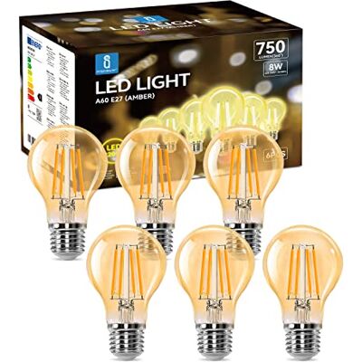 Aigostar Lampadina Vintage Edison LED E27 8W Equivalenti a 57W, Luce Calda 2200K, 750Lm, CRI>80, A60 Stile Vintage Lampadine Decorativo, Non Dimmerabile, Pacco da 6 Pezzi Aigostar Lampadina Vintage Edison LED E27 8W Equivalenti a 57W, Luce Calda 2200K, 750Lm, CRI>80, A60 Stile Vintage Lampadine Decorativo, Non Dimmerabile, Pacco da 6 Pezzi