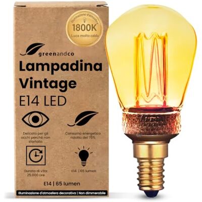 greenandco Lampadina E14 luce calda Vintage ST45 ambra 2W 65lm 1800K Lampadina Vintage Edison, luce extra calda, angolo del fascio 320°, 230V, nessun sfarfallio, non dimmerabile greenandco Lampadina E14 luce calda Vintage ST45 ambra 2W 65lm 1800K Lampadina Vintage Edison, luce extra calda, angolo del fascio 320°, 230V, nessun sfarfallio, non dimmerabile