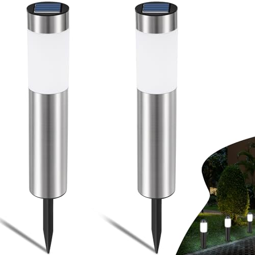 Heinstian luci solari esterno, lampada solare da esterno IP65 impermeabile in acciaio inox lampade solari da giardino potenti Luce Fredda per Patio, Prato, Giardino e Sentieri (2 Pezzi)