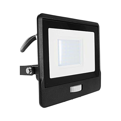 V-TAC Faro LED da Esterno con Chip Samsung 50W con Sensore PIR di Colore Nero Impermeabile con cavo da 1 metro, Luce Bianco Caldo