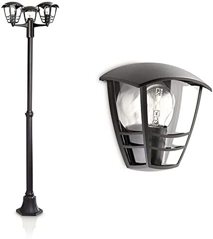 Philips Creek Lampada Da Terra Per Esterno, E27, 60 W, Nero, 184X48X45 Cm & Creek Lampada Da Parete Per Esterno, Lanterna Luce Diffusa, Alluminio Nero