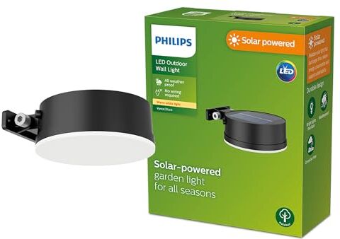 Philips LED Vynce Lampada Solare da Parete per Esterni, Rotonda, Luce Bianca Calda, 1.5W, IP44, Nero