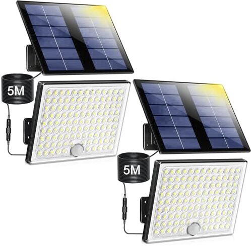 Realky Lampada Solare da Esterno, Faretto Led da Esterno con Sensore di Movimento, Luce Solare Led Esterno con Pannello Solare, 113 LED 2000mAh 4 Modes Lampioni Luci Solari da Giardino con 5M Cavo, 2 Pezzi