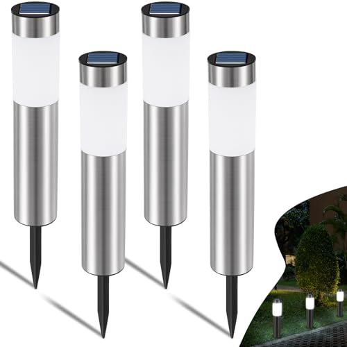 Heinstian luci solari esterno, lampada solare da esterno IP65 impermeabile in acciaio inox lampade solari da giardino potenti Luce Fredda per Patio, Prato, Giardino e Sentieri (4 Pezzi)