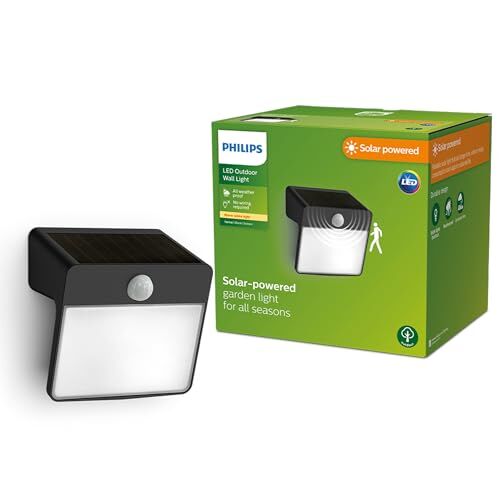 Philips LED Yarixa Lampada Solare da Parete per Esterni, Luce Bianca Calda, 2.2W, Sensore di Movimento, IP44, Nero