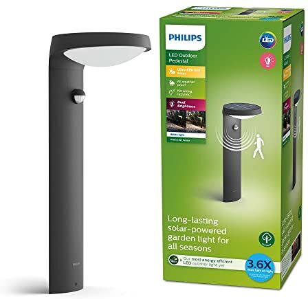 Philips LED Tyla, Paletto Alto da Esterni a Energia Solare, Luce Naturale, Sensore di Movimento Integrato, IP44, 1.2W