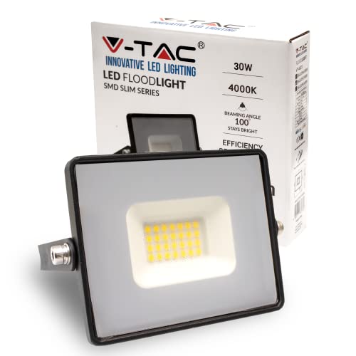 V-TAC Faro LED da Esterno 30W [Ultima Generazione] IP65-2510 Lumen Proiettore Faretto LED Esterno Colore Nero per Casa, Giardino, Garage Impermeabile Fari LED Luce Bianca Calda
