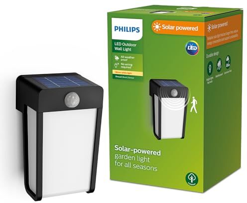 Philips LED Shroud Lampada Solare da Parete per Esterni in Vetro Smerigliato, Luce Bianca Calda, 2.3W, Sensore di Movimento, IP44, Nero