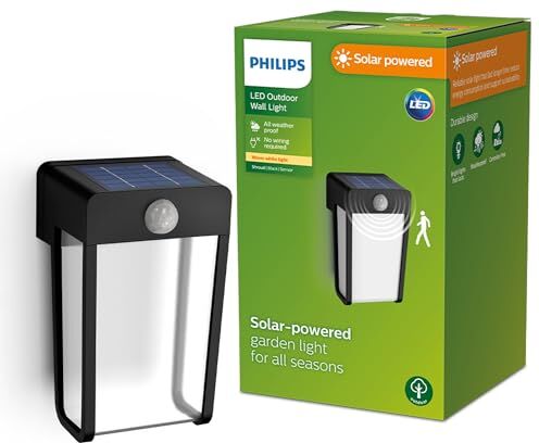 Philips LED Shroud Lampada Solare da Parete per Esterni, Luce Bianca Calda, 2.3W, Sensore di Movimento, IP44, Nero